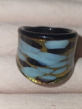 Vintage Murano Style Art Glass Chunky Swirl Band Ring - Blue & Gold Leaf